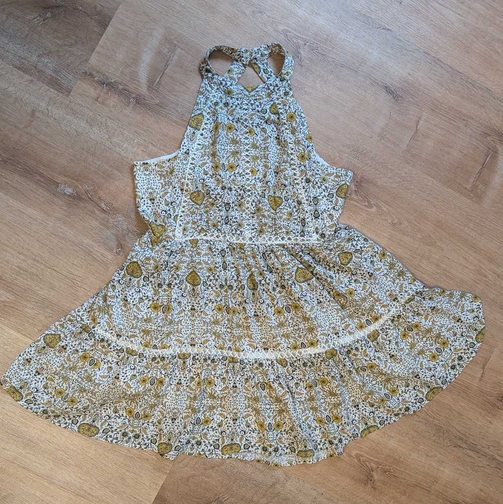 Backless Floral Halter Dress in White and Mustard